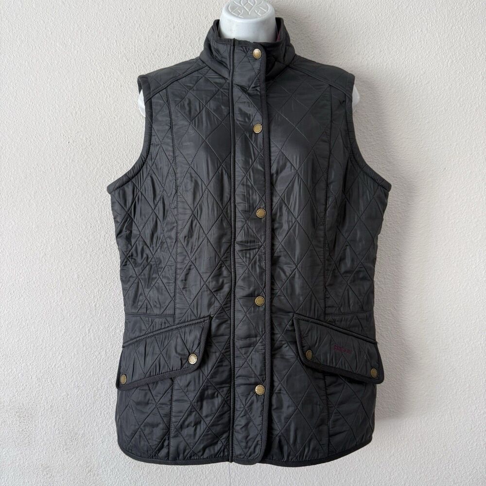 Barbour Cavalry Gilet Quilted Vest Black Burgundy Fleece Lined Preppy Women’s 12